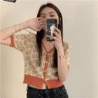Short-sleeve Button-up Flower Print Top Tangerine Red - One Size