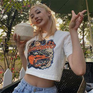 Short-sleeve Cropped Pattern Print T-shirt