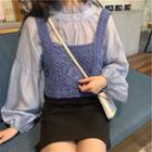 Lantern-sleeve Ruffle Plain Blouse / Crochet Vest