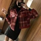 Plain Long-sleeve T-shirt / Plaid Pinafore Dress / Plaid Button Jacket