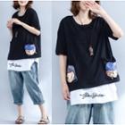 Mock Two-piece Elbow-sleeve Printed T-shirt Black - One Size