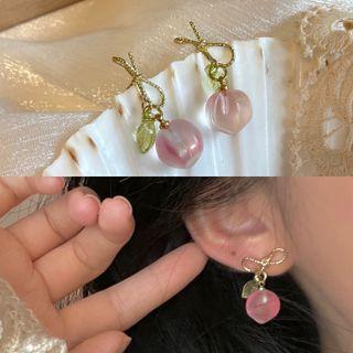 Peach Drop Earring 1842a - 1 Pair - Peach & Metal Bow - Pink - One Size