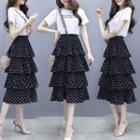 Set: Short-sleeve T-shirt + Dotted Midi A-line Tiered Skirt