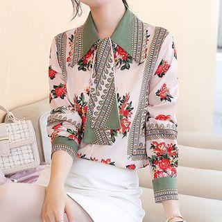 Long-sleeve Floral Print Mock-tie Silky Blouse