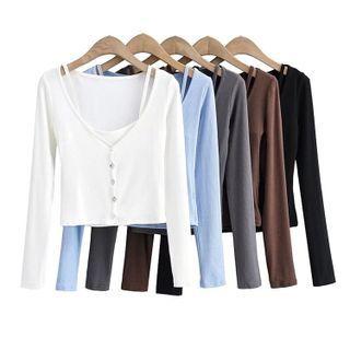 Mock Two-piece Long-sleeve Ribbed T-shirt