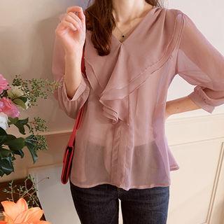 V-neck 3/4-sleeve Frilled-detail Top