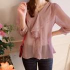 V-neck 3/4-sleeve Frilled-detail Top