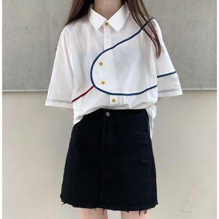 Contrast-trim Elbow-sleeve Shirt / Fray-hem Mini Skirt