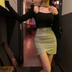 Long-sleeve Crop Top / Cropped Camisole Top / Asymmetrical Mini Pencil Skirt