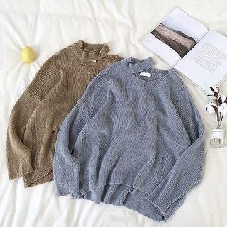 Plain Distressed Halter Off-shoulder Long-sleeve Sweater