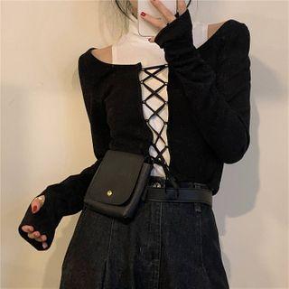 Set: Lace-up Long-sleeve Top + Turtleneck Tank Top Set Of 2 - Black Long-sleeve Top & Tank Top - White - One Size