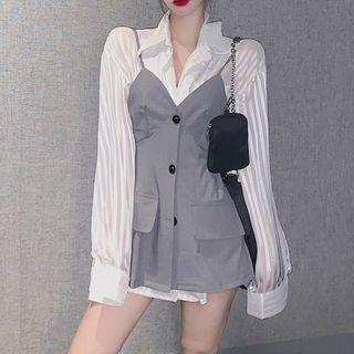 Striped Shirt / Mini Overall Dress