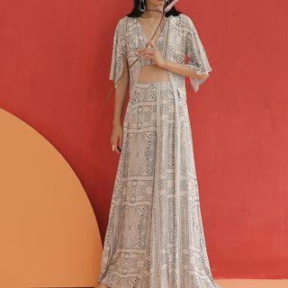 Set: Short-sleeve Pattern Printed Light Jacket + Wide-leg Pants