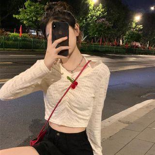Halter-neck Cold-shoulder Lace Crop Top Almond - One Size