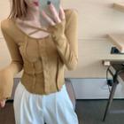 Long-sleeve Cross Strap Button-up Knit Top