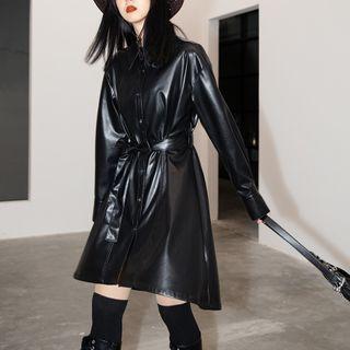 Faux Leather Mini A-line Shirt Dress
