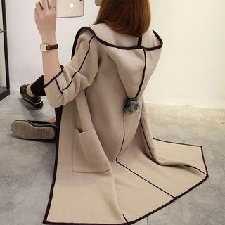 Contrast Trim Pom Pom Open-front Hooded Coat