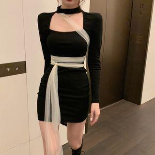 Choker-neck Long-sleeve Sheath Dress Black - One Size