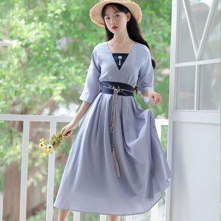 Set: Elbow-sleeve Midi Hanfu Dress + Belt