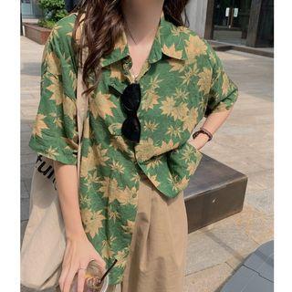 Elbow-sleeve Floral Shirt Yellow Maple Leaf - Green - One Size