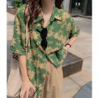 Elbow-sleeve Floral Shirt Yellow Maple Leaf - Green - One Size