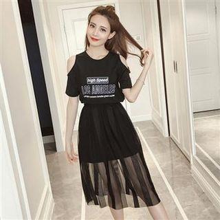 Set: Cutout-shoulder Dress + Mesh Skirt Black - One Size