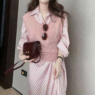 Set: Plain Vest + Long-sleeve Striped Shirt Dress