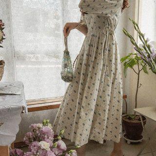 Balloon-sleeve Pleated Floral Long Dress Sky Blue - One Size