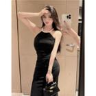 Faux-pearl Slim-fit Halter Dress