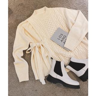 Mock-neck Tie-front Cable-knit Sweater