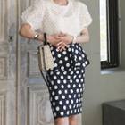 Set: Short-sleeve Blouse + Dotted Midi Fitted Skirt