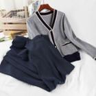 Set: Cardigan + Sleeveless Midi A-line Knit Dress Cardigan - Gray - One Size / Dress - Dark Blue - One Size