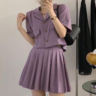 Set: Elbow-sleeve Open Collar Shirt + Pleated Mini A-line Skirt