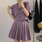 Set: Elbow-sleeve Open Collar Shirt + Pleated Mini A-line Skirt