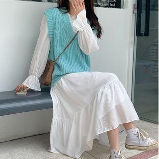 Ruffle Trim Midi A-line Dress / V-neck Sweater Vest