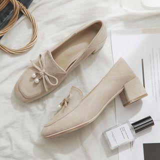 Faux Pearl Bow Block Heel Loafers