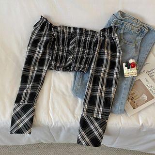 Off-shoulder Plaid Crop Top Plaid - Black - One Size