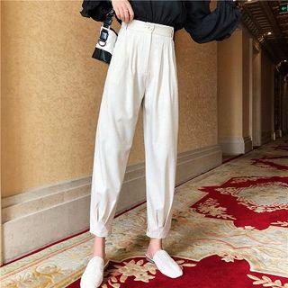 Plain Off-shoulder Ruffled-trim Chiffon Top / High-waist Pants