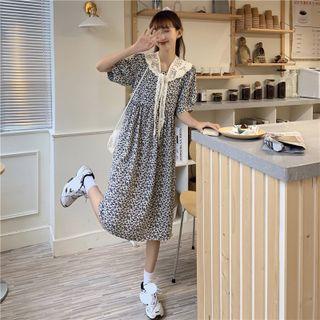 Set: Puff-sleeve Floral Print A-line Dress + Lace Shawl