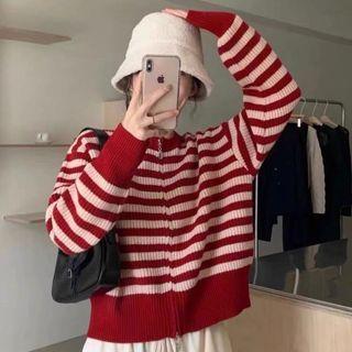 Striped Zip-up Cropped Cardigan