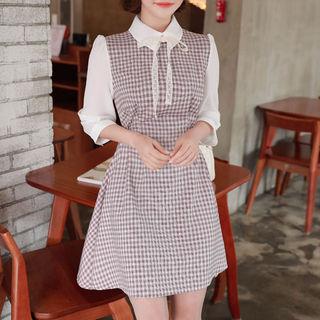 Lace-tie Contrast-sleeve Plaid Dress
