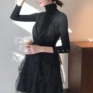 Set: Turtleneck 3/4-sleeve Knit Top + Spaghetti-strap A-line Dress