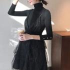 Set: Turtleneck 3/4-sleeve Knit Top + Spaghetti-strap A-line Dress