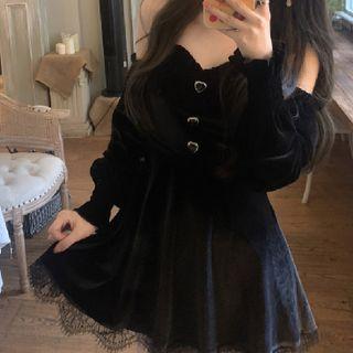 Long-sleeve Cold-shoulder Velvet Mini A-line Dress