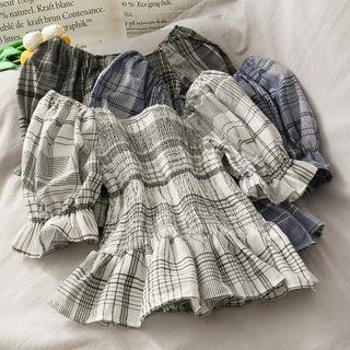 Boatneck Checker Smocked Crop Top