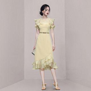 Short-sleeve Ruffled Midi A-line Dress / Belt / Set