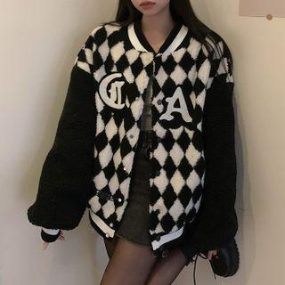 Fleece Chessboard Long-sleeve Baseball Jacket Black - One Size