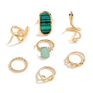Set Of 7: Alloy Ring Set - Gold - One Size