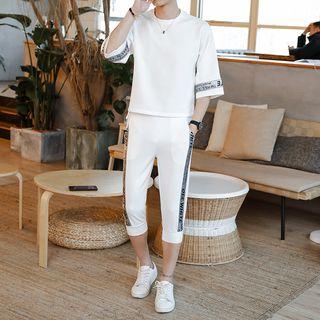 Set: 3/4-sleeve Contrast-trim Top + Pants