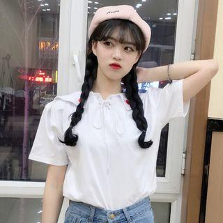 Short-sleeve Heart Embroidered Top